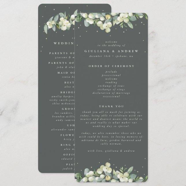 Elegante grüne Snowberry+Eukalyptus Winter Wedding Programm (Vorne/Hinten)