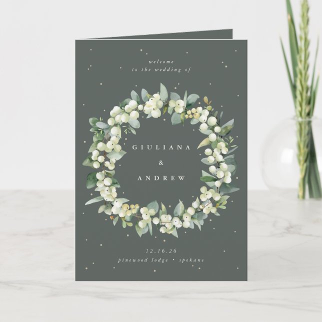 Elegante grüne Snowberry+Eukalyptus Winter Wedding Programm (Vorderseite)