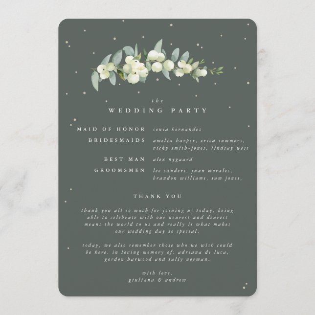 Elegante grüne Snowberry+Eukalyptus Winter Wedding Programm (Rückseite)