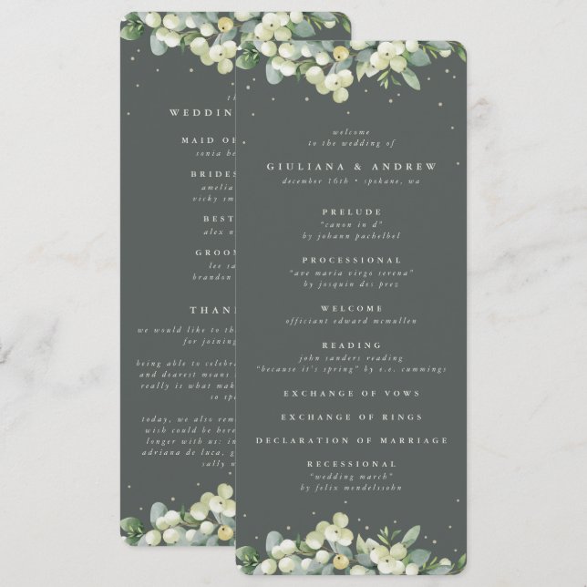 Elegante grüne Snowberry+Eukalyptus Winter Wedding Programm (Vorne/Hinten)