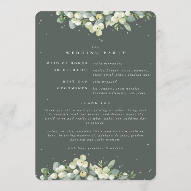 Elegante grüne Snowberry+Eukalyptus Winter Wedding Programm (Rückseite)