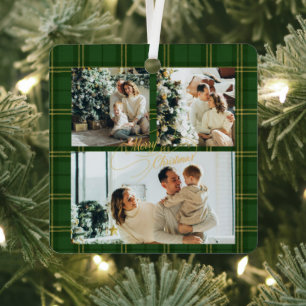 Elegante grüne Tartan-Familienfoto-Weihnachtskarte Ornament Aus Metall