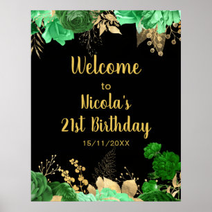 Elegante grüne und goldene Blumen Geburtstagsfeier Poster