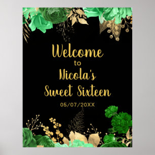 Elegante grüne und goldene Blumen Sweet Sixteen Poster