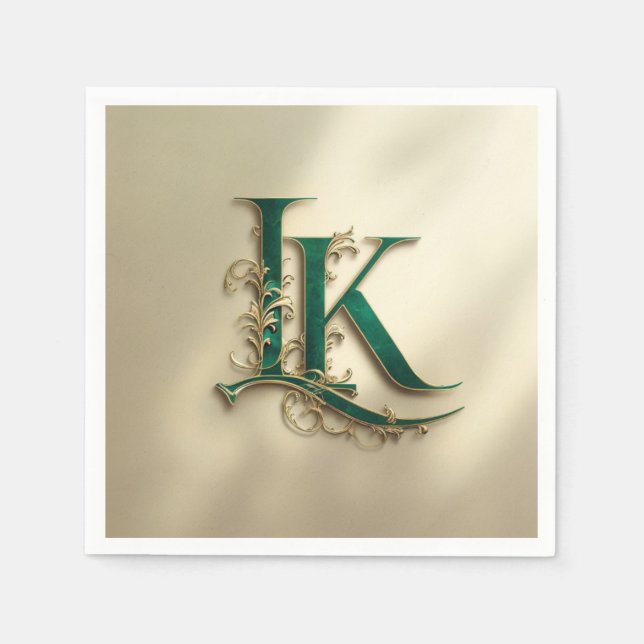 Elegante grüne und goldene Monogramm-„K“-Papier-Se Serviette (Vorderseite)