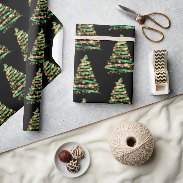 Elegante grüne und goldene Ribbon Tree Weihnachten Geschenkpapier (Kunsthandwerk)