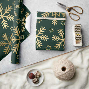 Elegante grüne und goldene Schneeflocken Weihnacht Geschenkpapier