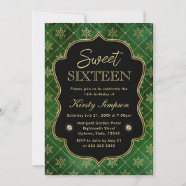 Elegante grüne und goldene Winterschneeflocken Süß Einladung