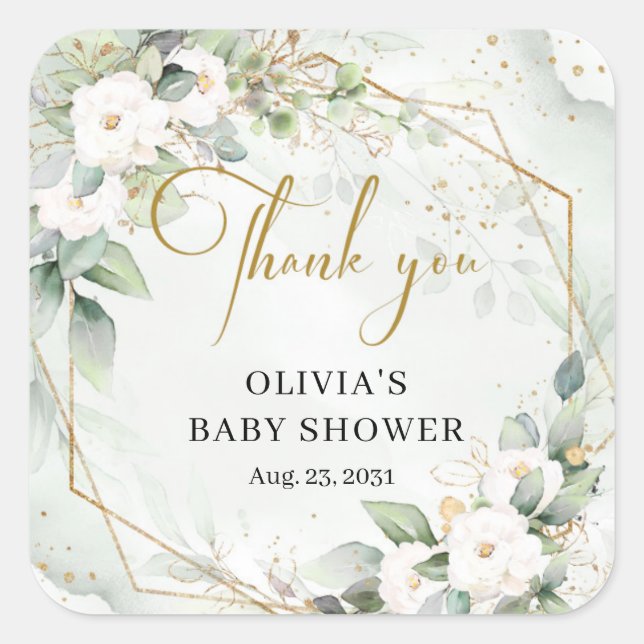 Elegante grüne und goldweiße Blume Kinderdusche Quadratischer Aufkleber (Vorderseite)