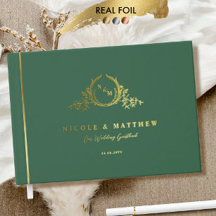 Elegante Grüne und Real Foil Monogram Wedding Gästebuch