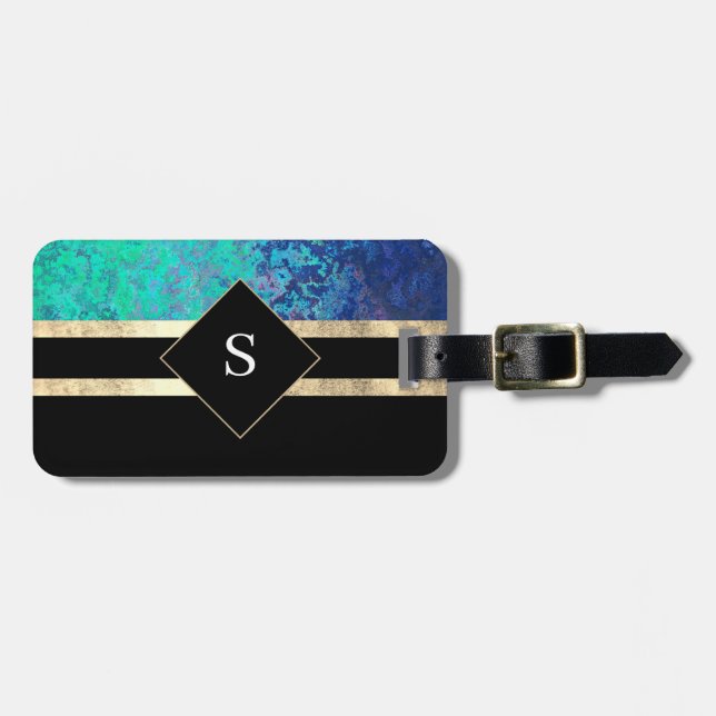 Elegante, grüne und schwarze Streifen mit Monogram Gepäckanhänger (Vorderseite horizontal)