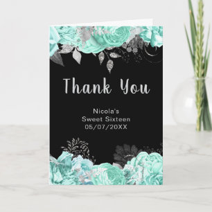Elegante grüne und silberne Blumen Sweet Sixteen Dankeskarte