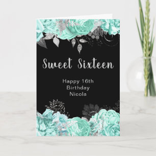 Elegante grüne und silberne Blumen Sweet Sixteen Karte