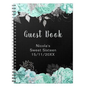 Elegante grüne und silberne Blumen Sweet Sixteen Notizblock