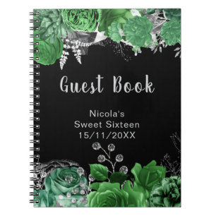Elegante grüne und silberne Blumen Sweet Sixteen  Notizblock