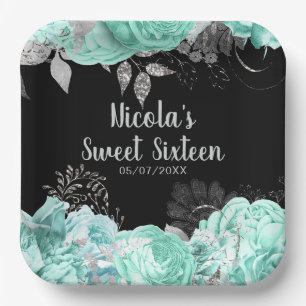 Elegante grüne und silberne Blumen Sweet Sixteen Pappteller