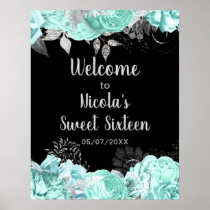 Elegante grüne und silberne Blumen Sweet Sixteen Poster