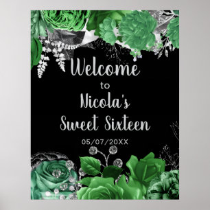 Elegante grüne und silberne Blumen Sweet Sixteen Poster