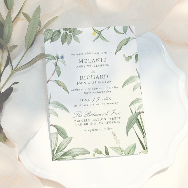 Elegante grüne und weiße botanische Blätter Hochze Einladung (Von Creator hochgeladen)