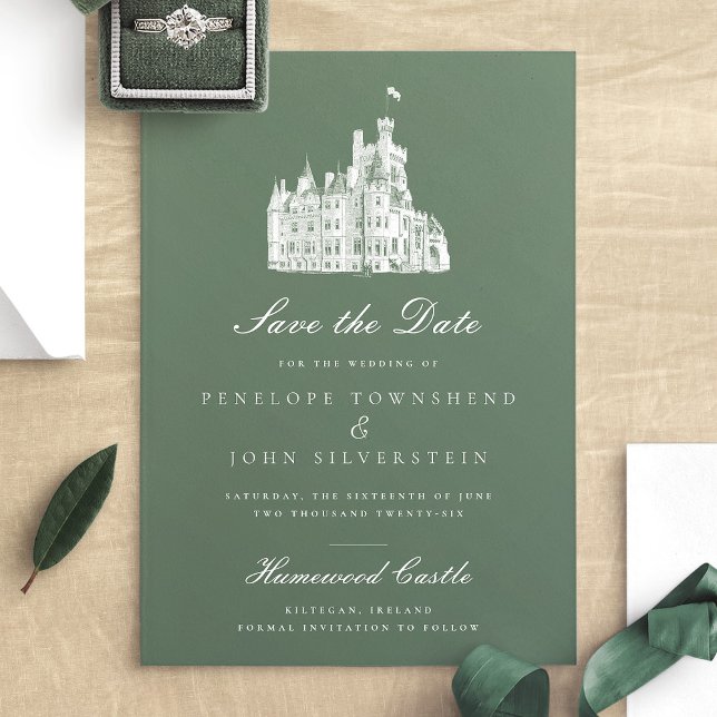 Elegante Grüne Vintage Burg Save The Date (Elegant Green Vintage Castle Illustration Wedding Save The Date)