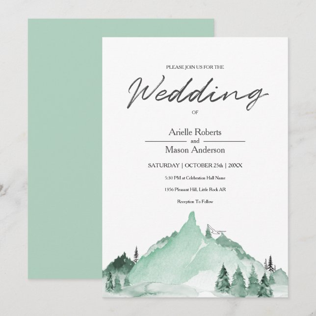 Elegante grüne Waldberge Einfache Hochzeit Einladung (Vorne/Hinten)