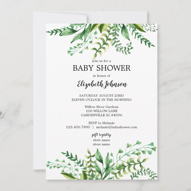 Elegante grüne Wasserfarbe Botanische Babydusche Einladung (Vorderseite)