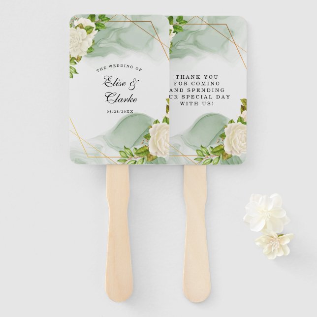 Elegante Grüne Wasserfarbe Weißes Rosen Hochzeit Fächer (Vorne und Hinten)
