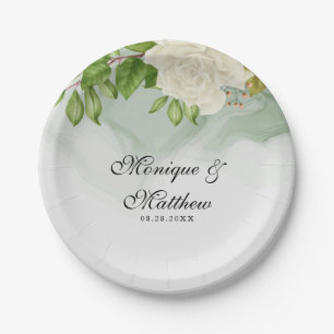Elegante Grüne Wasserfarbe Weißes Rosen Hochzeit Pappteller