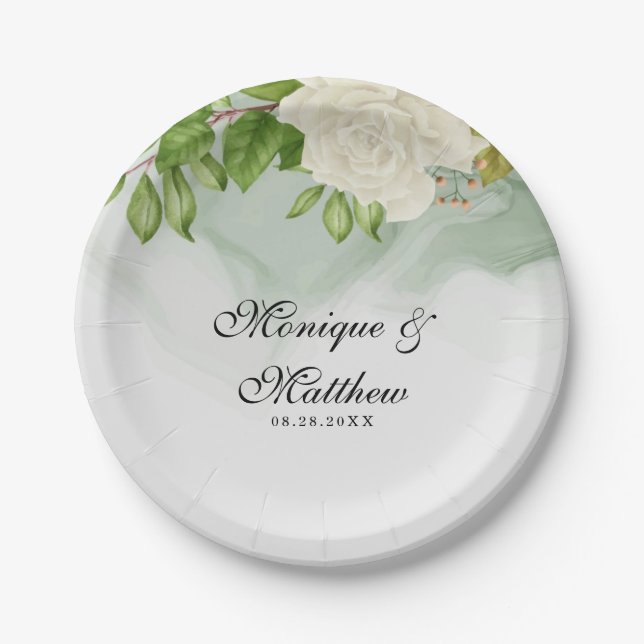 Elegante Grüne Wasserfarbe Weißes Rosen Hochzeit Pappteller (Vorderseite)
