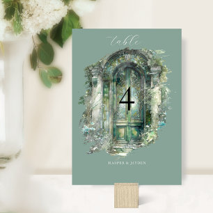 Elegante grüne Wasserfarben-Kulisse Hochzeit Tischnummer