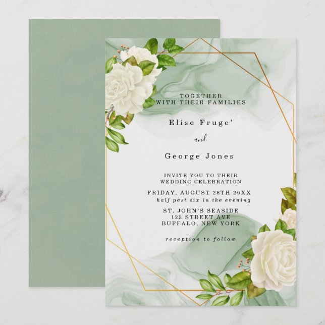 Elegante grüne Wasserfarben Weiße Florals Hochzeit Einladung (Vorne/Hinten)