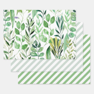 Elegante grüne Wasserfarbenblätter Diagonale Strei Geschenkpapier Set