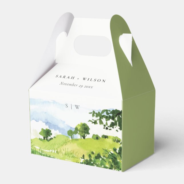 Elegante Grüne Wasserfarbenwelt Landschaft Hügel B Geschenkschachtel (Vorderseite)