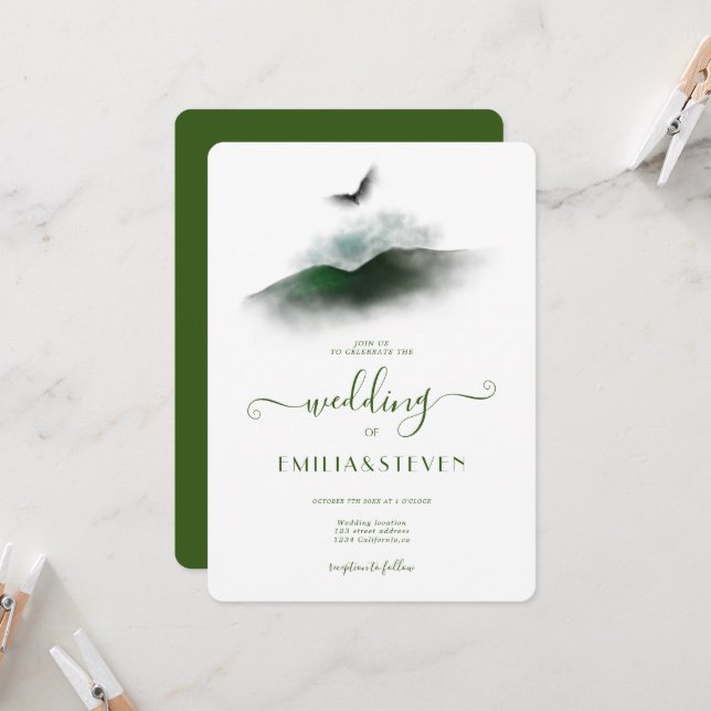 Elegante Grüne Watercolor Berge Hochzeit Einladung (Vorderseite/Rückseite Beispiel)