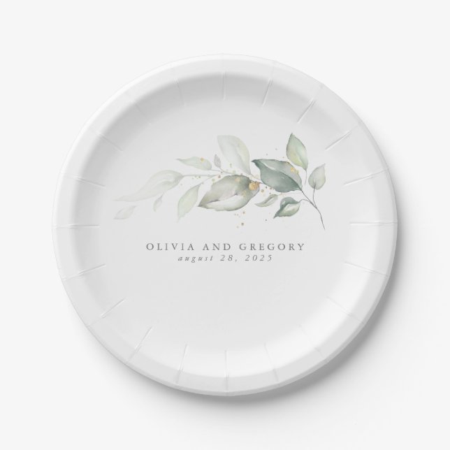 Elegante Grüne Watercolor Romantische Hochzeit Pappteller (Vorderseite)