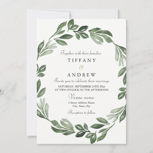 Elegante Grüne Watercolor Wreath Wedding Einladung (Vorderseite)