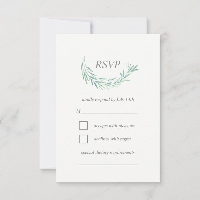 Elegante Grüne Watercolor Wreath Wedding RSVP Karte (Vorderseite)