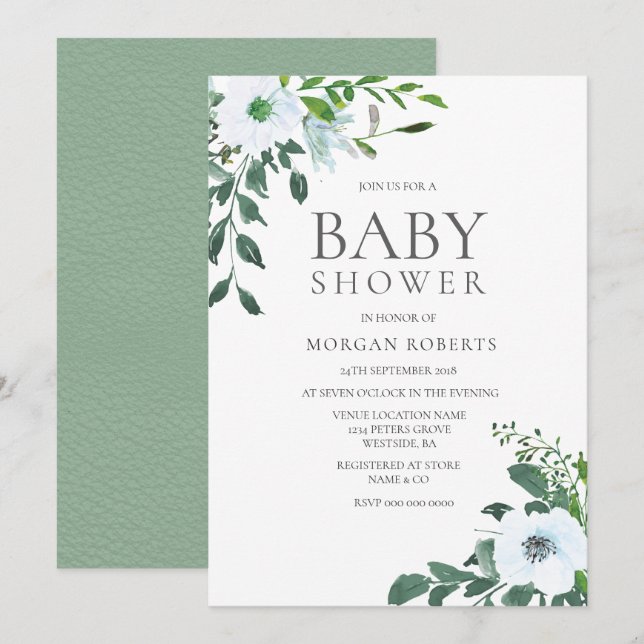 Elegante grüne weiße Blumen-Baby-Dusche laden ein Einladung (Vorne/Hinten)