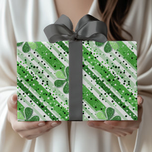 Elegante grüne weiße Streifen Shamrock Glitter Geschenkpapier