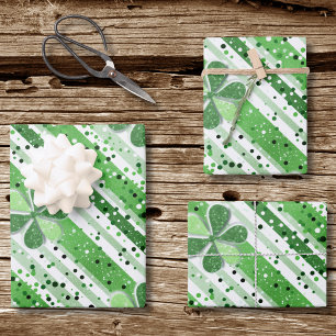 Elegante grüne weiße Streifen Shamrock Glitter Geschenkpapier Set