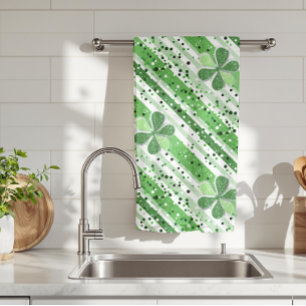Elegante grüne weiße Streifen Shamrock Glitter Geschirrtuch