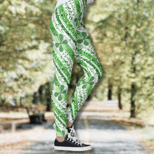 Elegante grüne weiße Streifen Shamrock Glitter Leggings