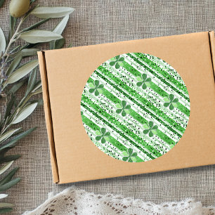 Elegante grüne weiße Streifen Shamrock Glitter Runder Aufkleber