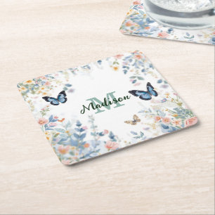 elegante Grüne Wildblume Boho Monogramm in Blüte Rechteckiger Pappuntersetzer