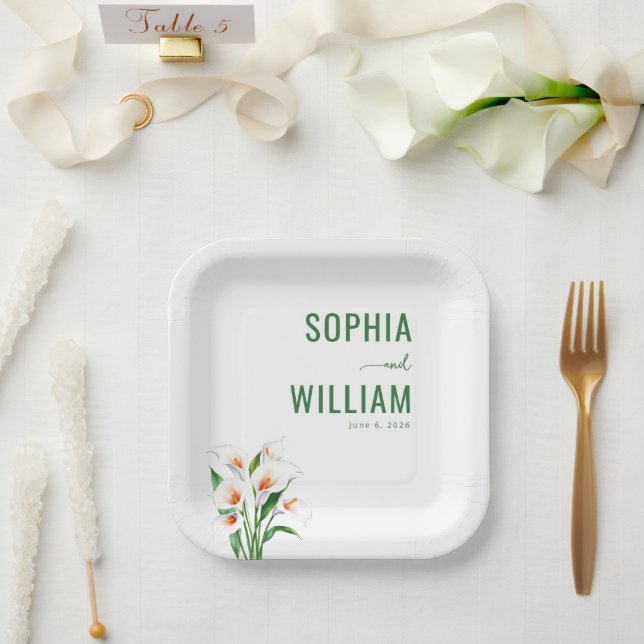 Elegante Grüne Zantedeschien Pappteller (Hochzeit)