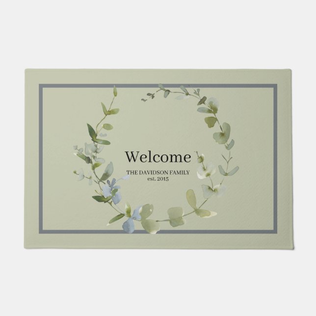 Elegante Grünen Wreath Familie Willkommen Fußmatte (Vorderseite)