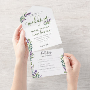 Elegante Grünpflanzen Lavender Calligraphy Wedding All In One Einladung