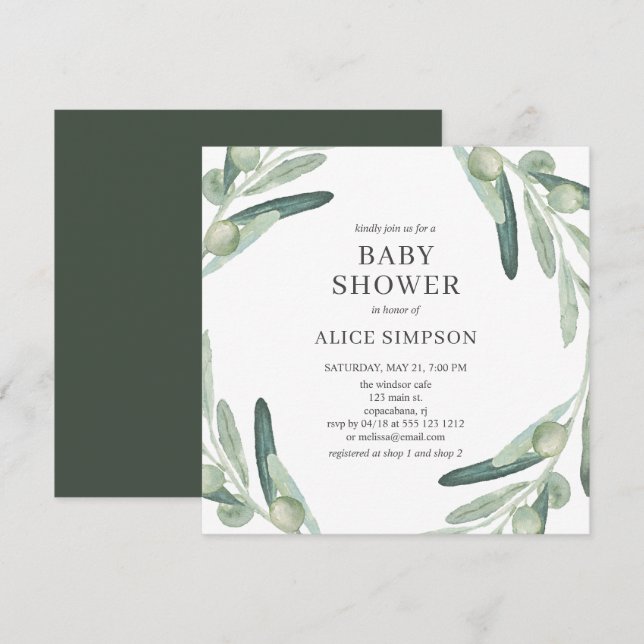 Elegante Grünpflanzen Olive Baby Dusche Einladung (Vorne/Hinten)