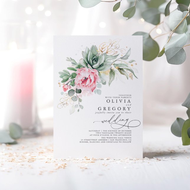 Elegante Grünpflanzen und rosa Blume Hochzeit Einladung (Pink Floral Succulents Greenery Wedding Invitations)