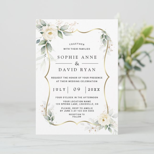 Elegante Grünpflanzen Weiße Blume Hochzeit Gold Einladung (Stehend Vorderseite)